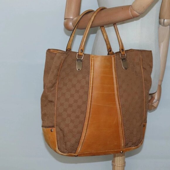 GUCCI GG Canvas Tote Bag Outlet Beige Gold Auth - Picture 1 of 14